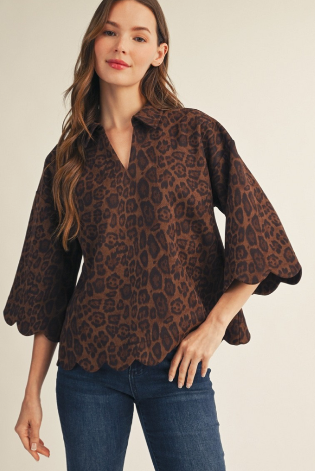 Scallop Edge Detail Leopard Suede Top