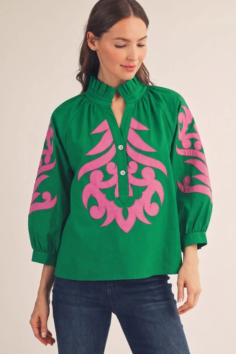 Baroque Applique Top - Rose/Green