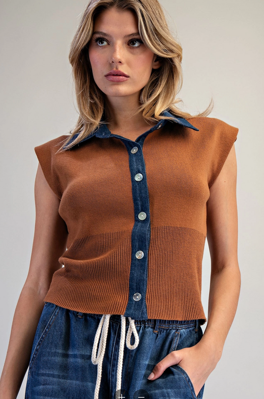 Denim Contrast Cap Sleeve Top