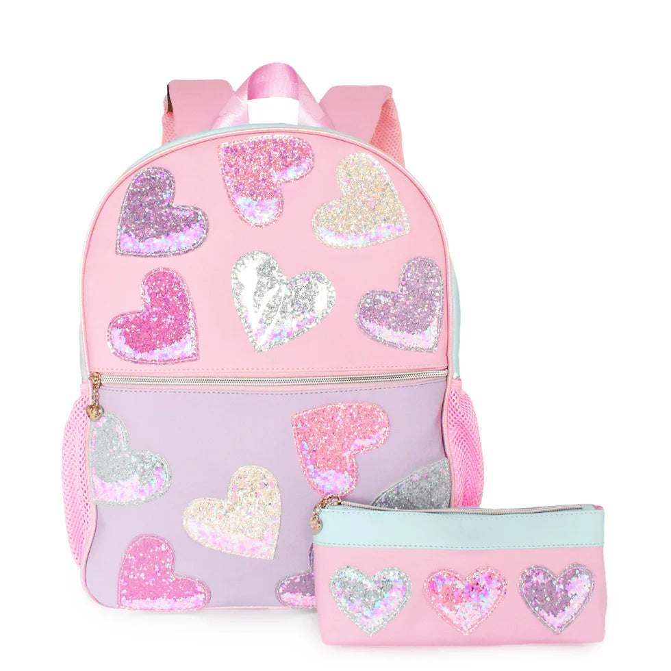 Confetti Heart Patched Color Block Large Backpack with Pencil Case