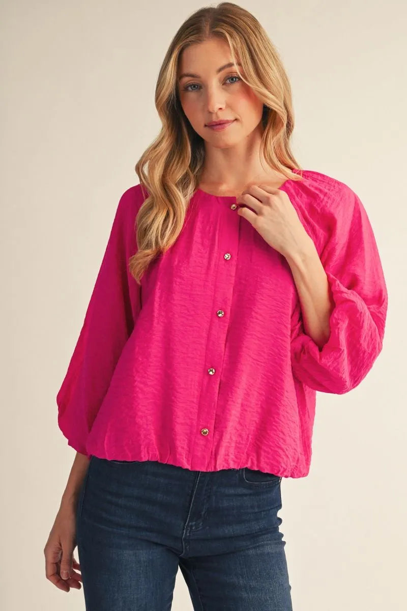 3/4 Puff Sleeve Crinkle Top - Fuschia