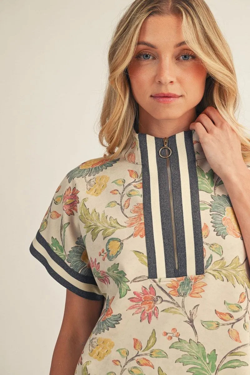 Drop Shoulder Zip Up Floral Top - Ivory
