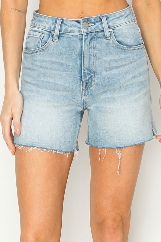 High Rise Raw Cut Hem Side Slit Shorts - Light