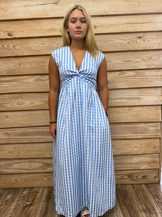 Blue Gingham Midi Dress
