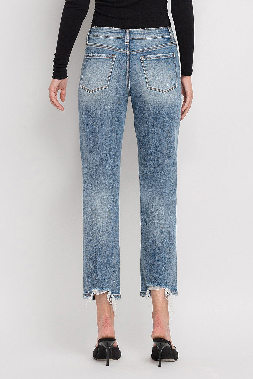 Mid Rise Distressed Back Hem Crop Straight Jeans - Can T Resist