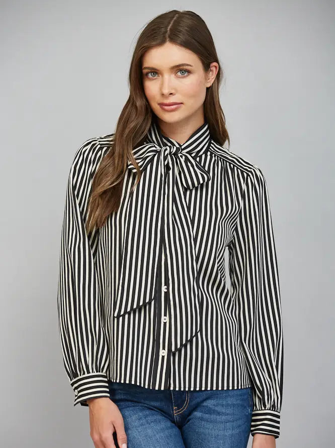 Striped Tie Neck Bow Detail Button Down Blouse