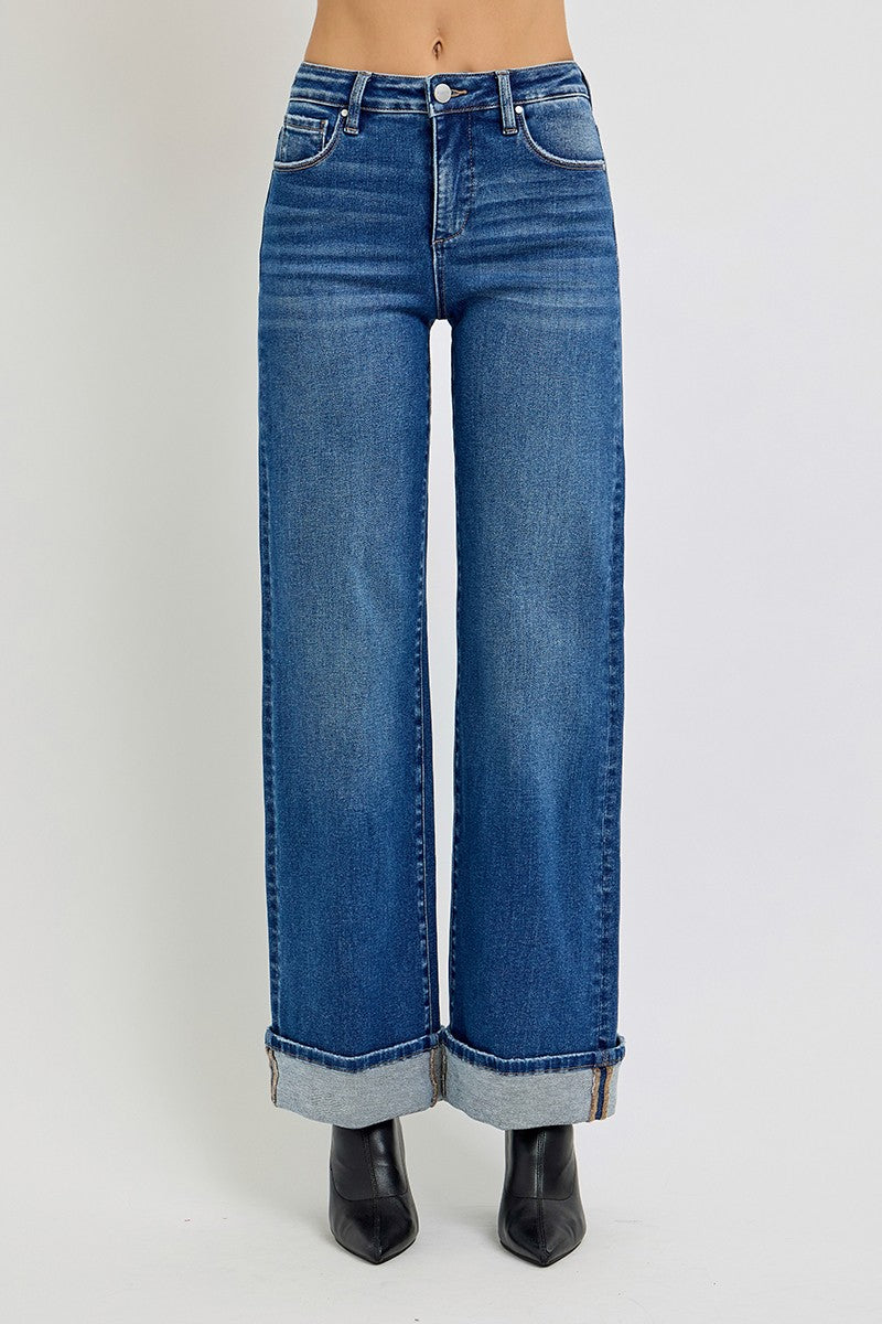 Tummy Control High Rise Cuffed Wide Jeans - Dark