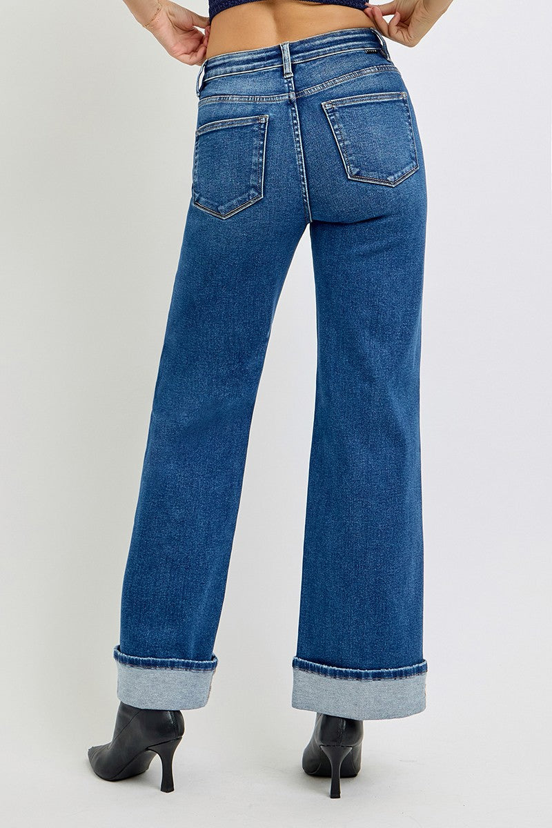 Tummy Control High Rise Cuffed Wide Jeans - Dark