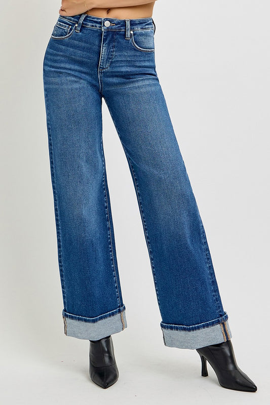 Tummy Control High Rise Cuffed Wide Jeans - Dark