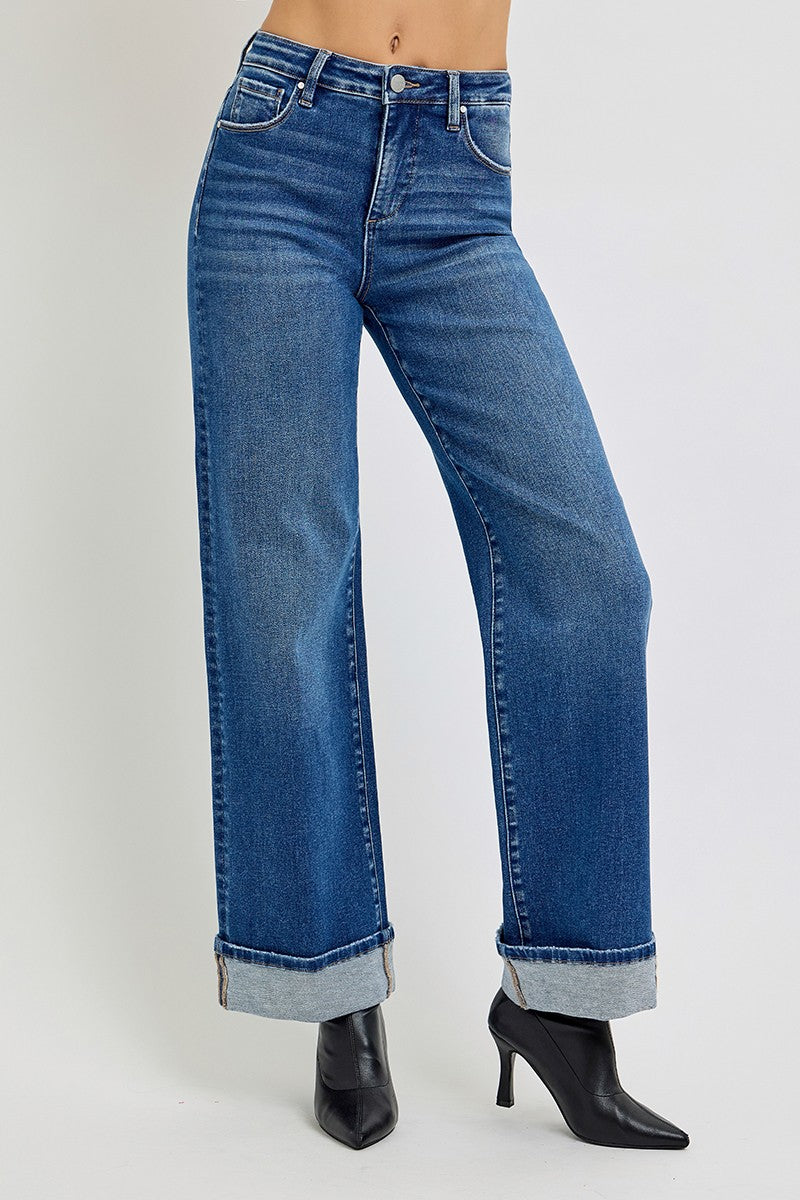 Tummy Control High Rise Cuffed Wide Jeans - Dark