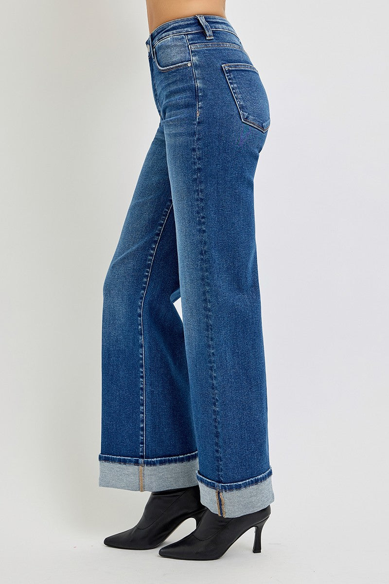 Tummy Control High Rise Cuffed Wide Jeans - Dark