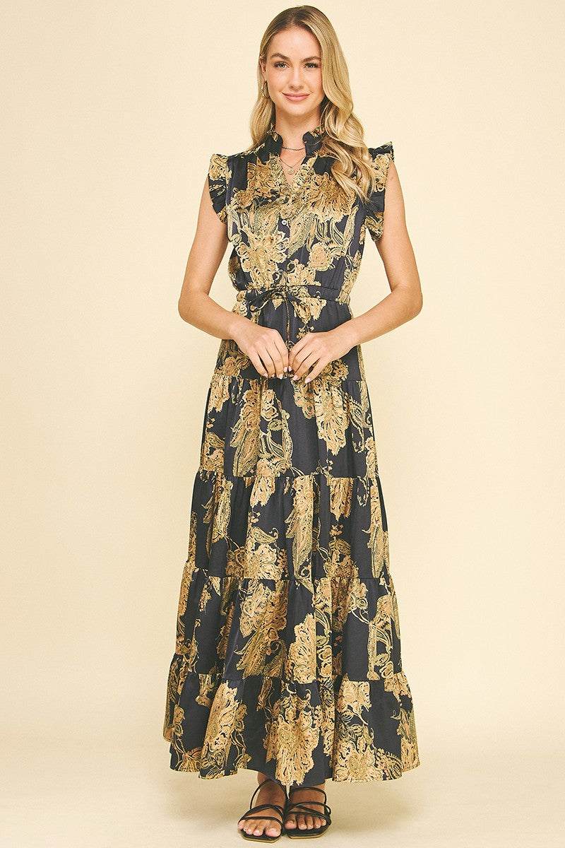 Gold Floral Print Maxi Dress