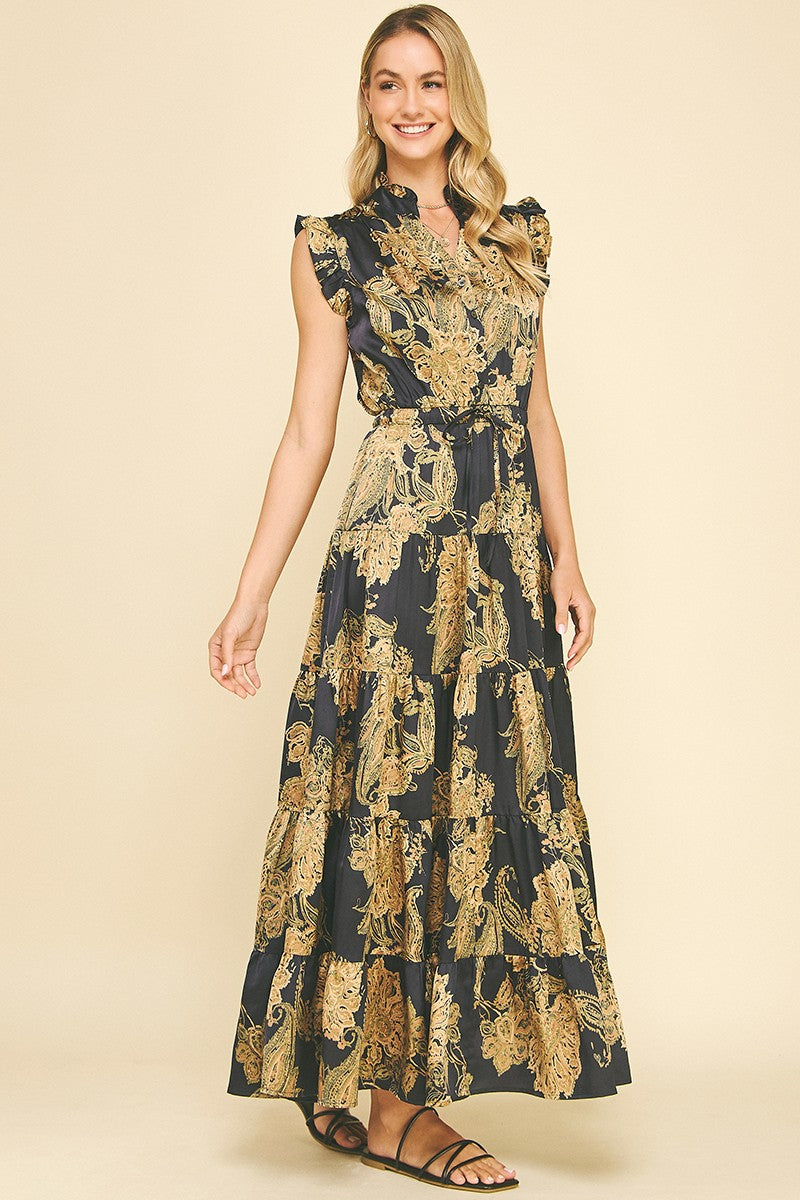 Gold Floral Print Maxi Dress