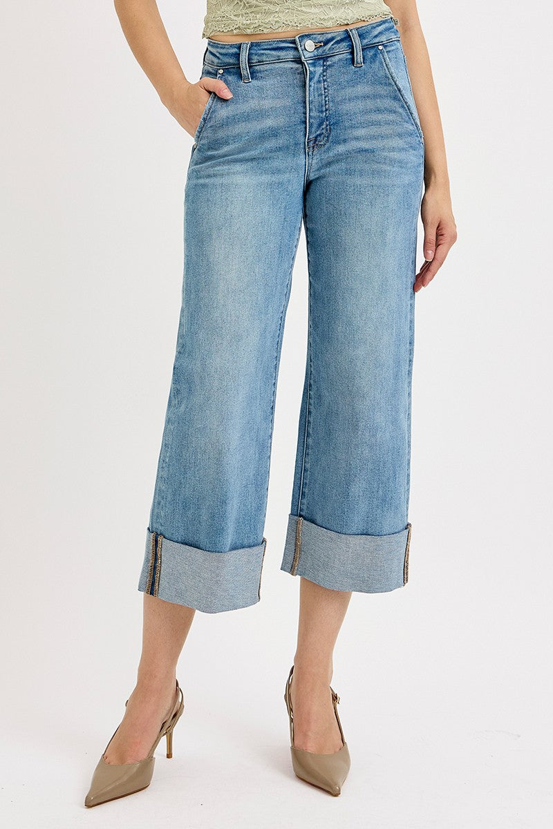 Tummy Control High Rise Ankle Wide Cuffed Jeans - Medium