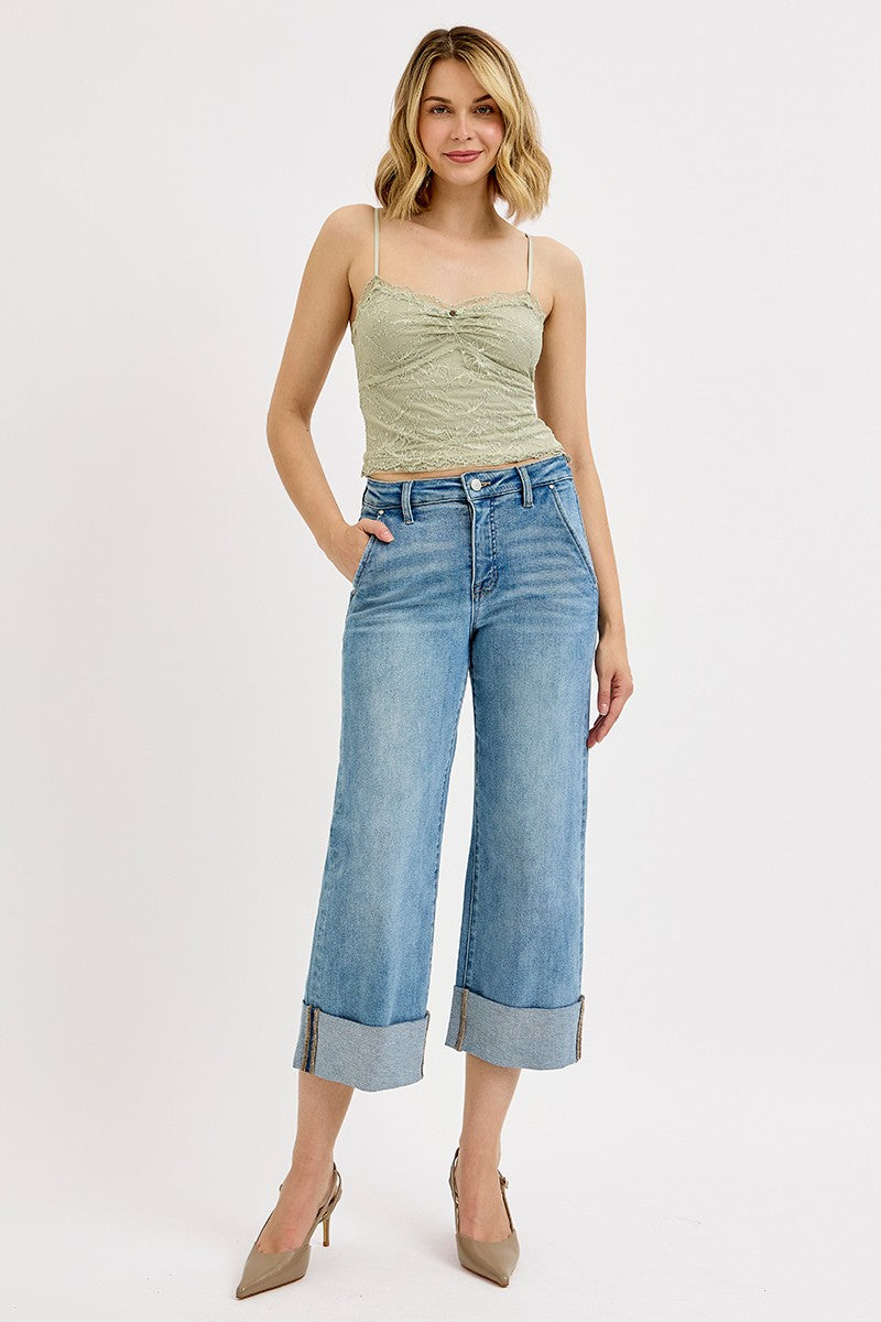 Tummy Control High Rise Ankle Wide Cuffed Jeans - Medium