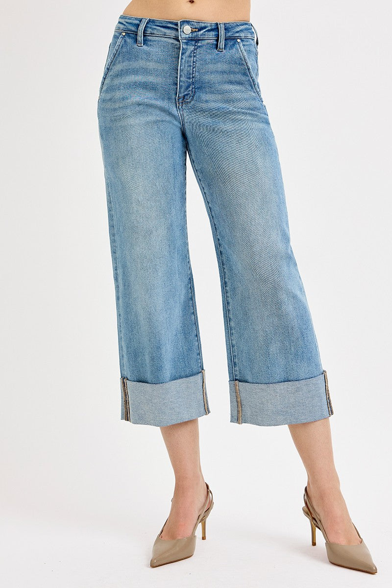 Tummy Control High Rise Ankle Wide Cuffed Jeans - Medium