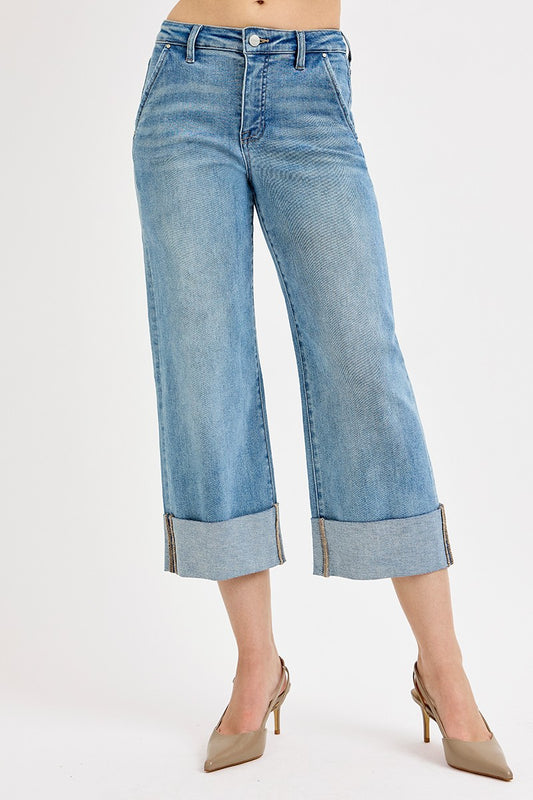 Tummy Control High Rise Ankle Wide Cuffed Jeans - Medium