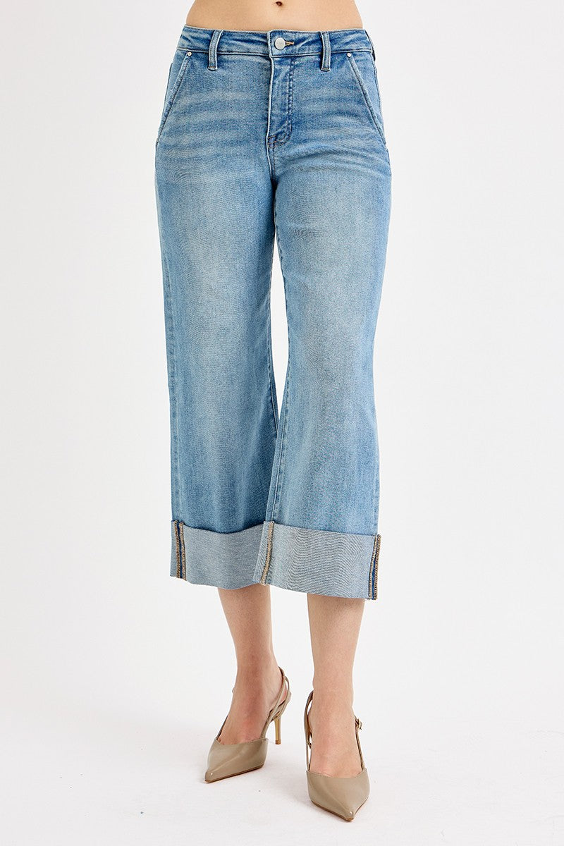 Tummy Control High Rise Ankle Wide Cuffed Jeans - Medium