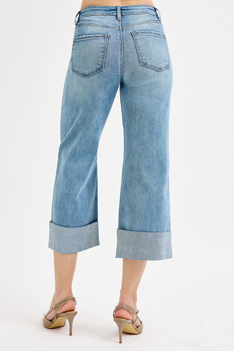 Tummy Control High Rise Ankle Wide Cuffed Jeans - Medium