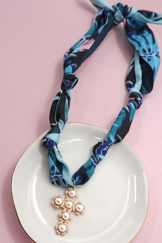Scarf Necklace - Blue/Cross Charm