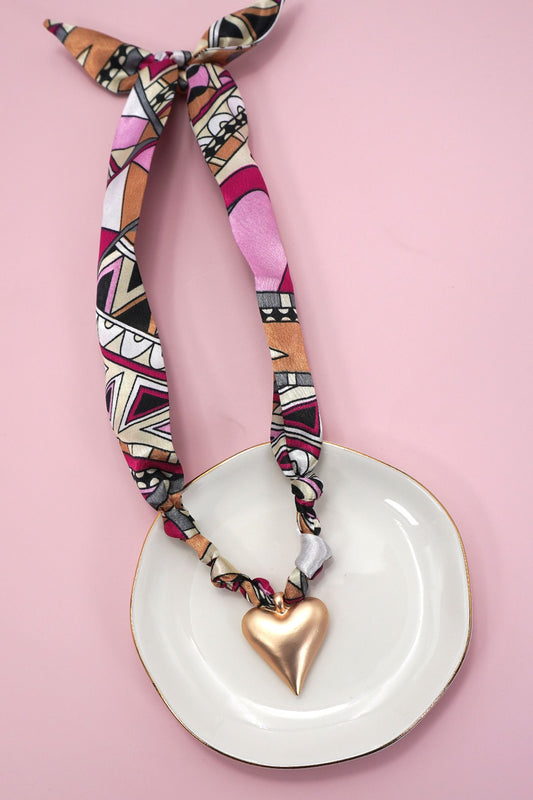 Scarf Necklace - Pink Multi/Heart Charm