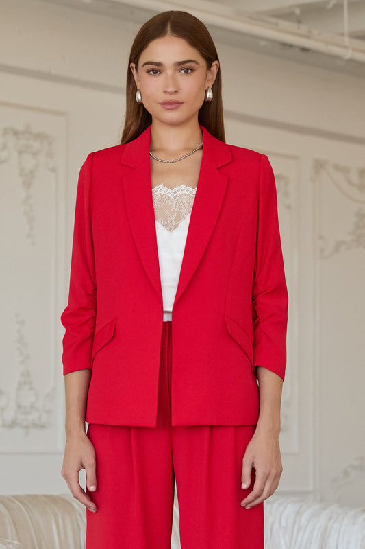 Red Shirred Sleeve Blazer