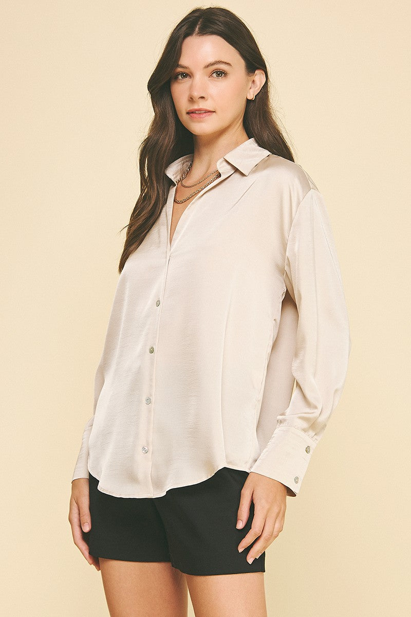V Neck Button Down In Oat