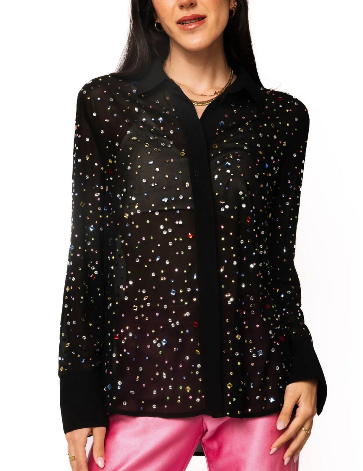 Black Multi Rhinestone Button Up | Queen of Sparkles