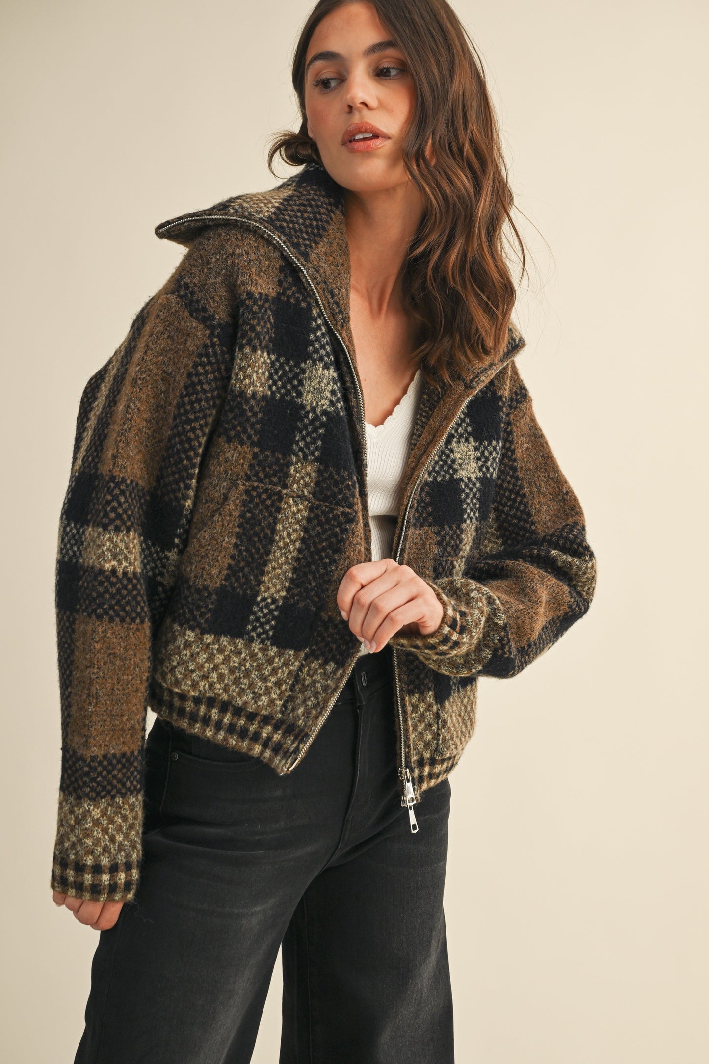 Checkered Fuzzy Crop Jaacket
