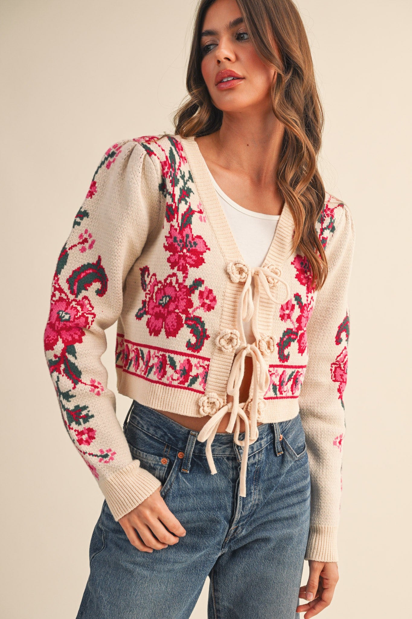 Front Tie Floral Cardigan