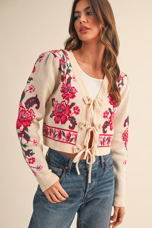 Front Tie Floral Cardigan