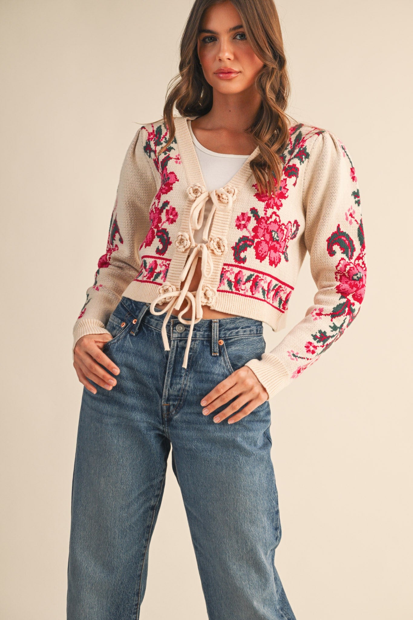 Front Tie Floral Cardigan