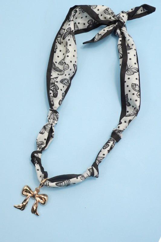 Scarf Necklace - Butterfly Print/Gold Bow Charm