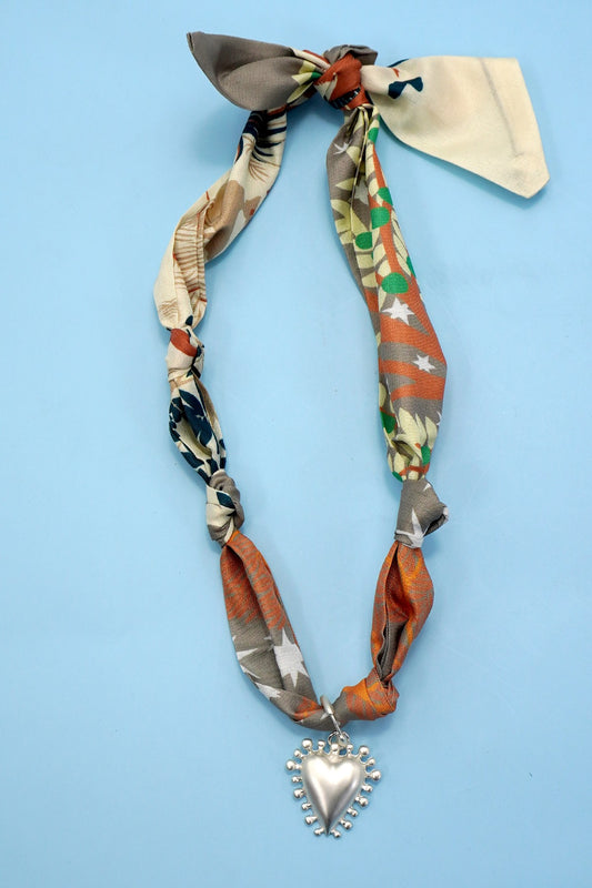 Scarf Necklace - Orange Multi/White Heart Charm
