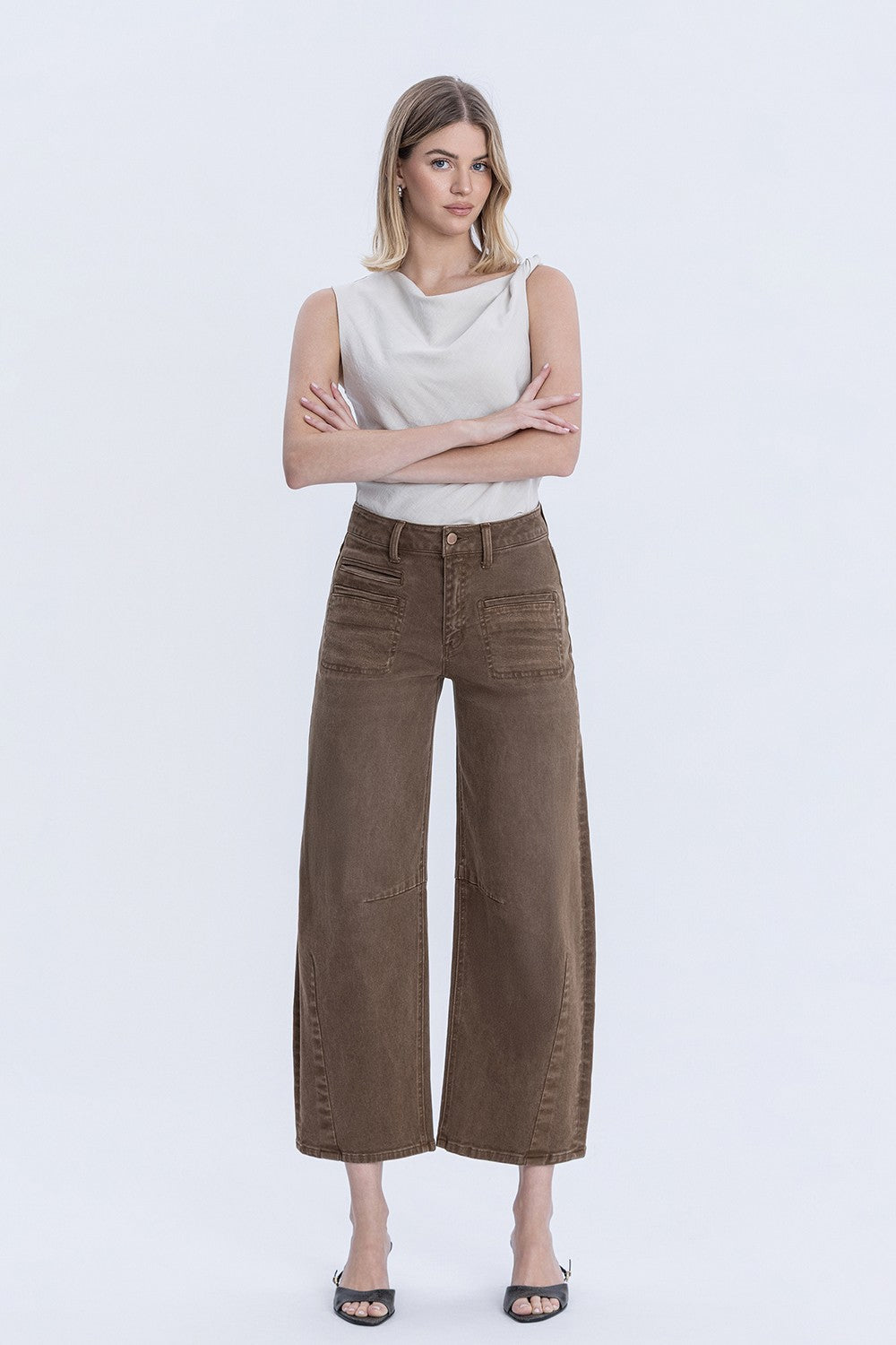 High Rise Barrel Jean In Coffee