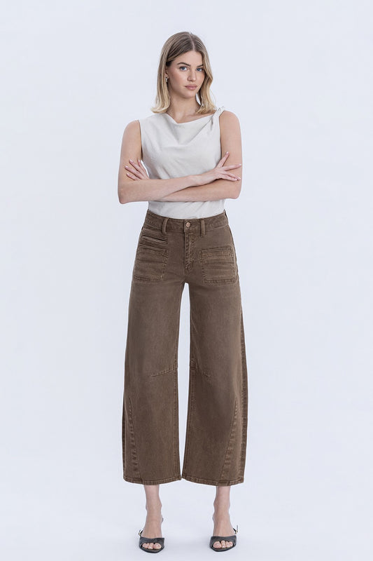 High Rise Barrel Jean In Coffee