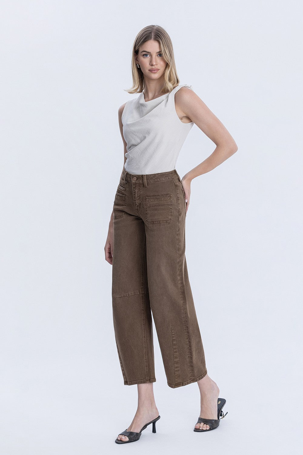 High Rise Barrel Jean In Coffee