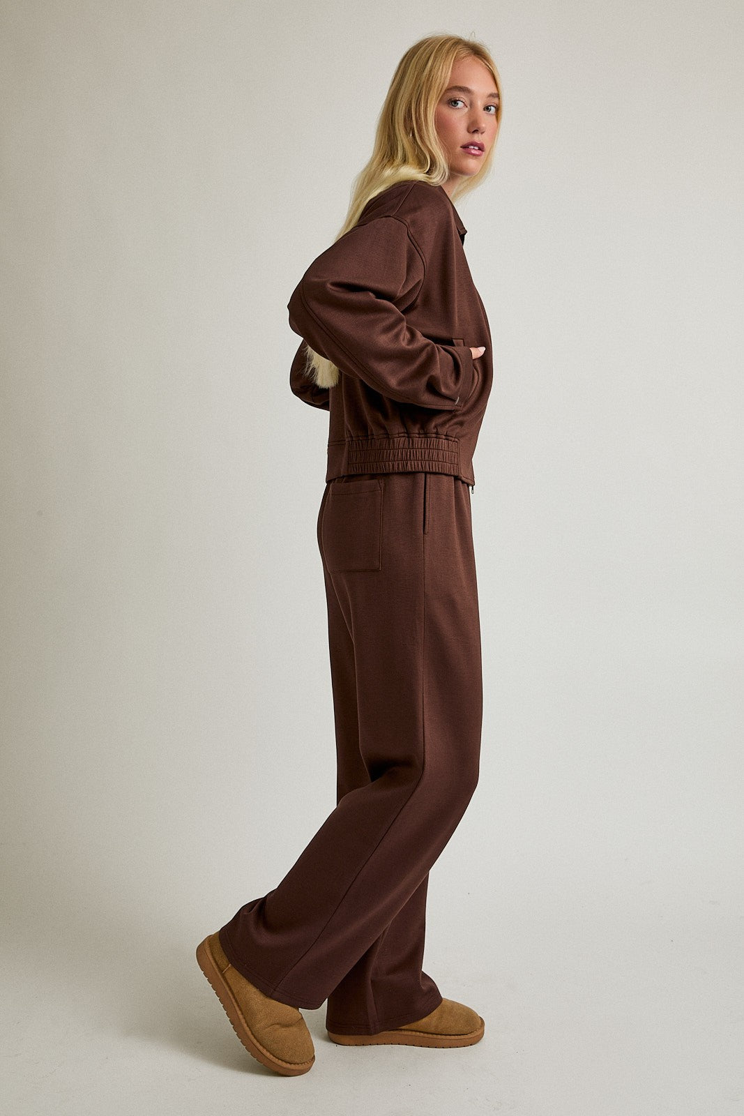 Boxy Jacket And Pant Set - Brown