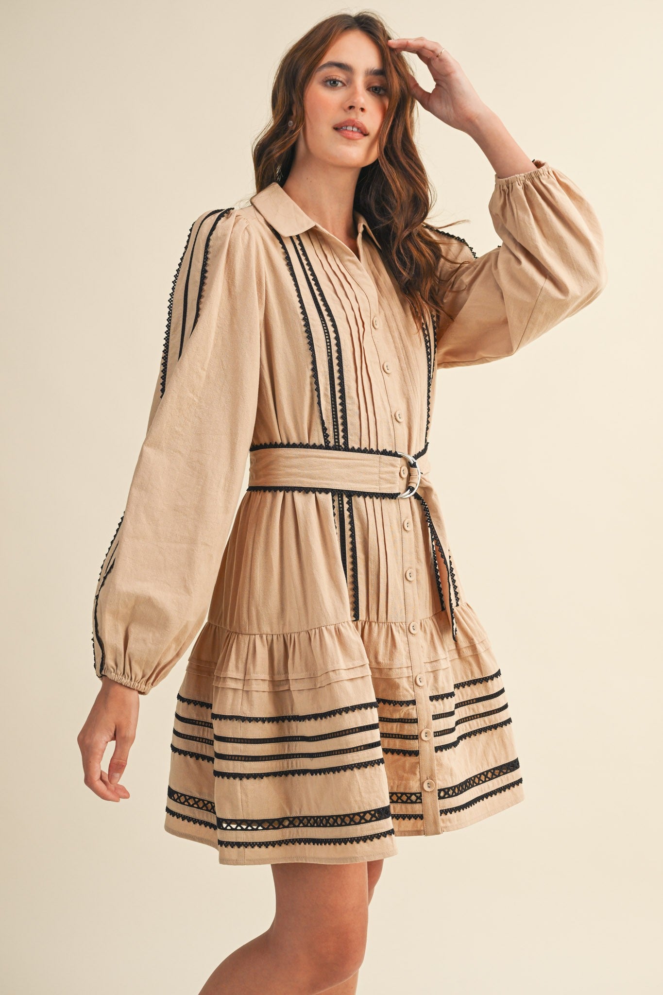 Lace Trim Belted Dress