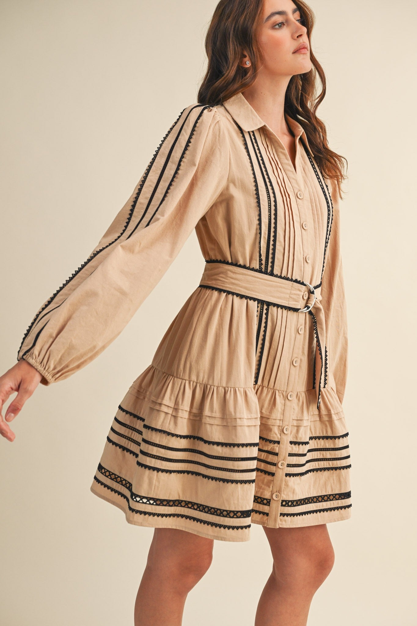 Lace Trim Belted Dress