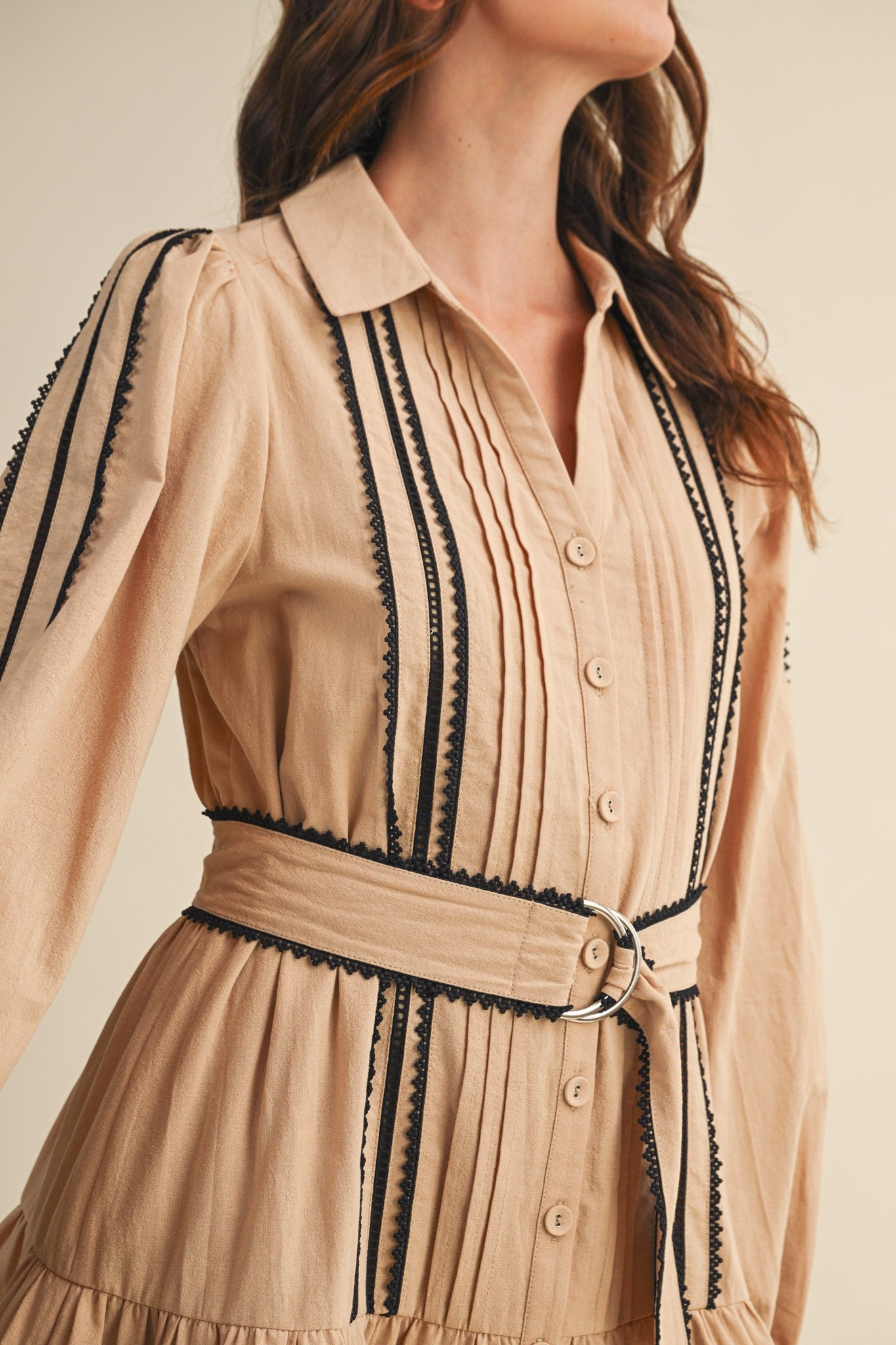 Lace Trim Belted Dress