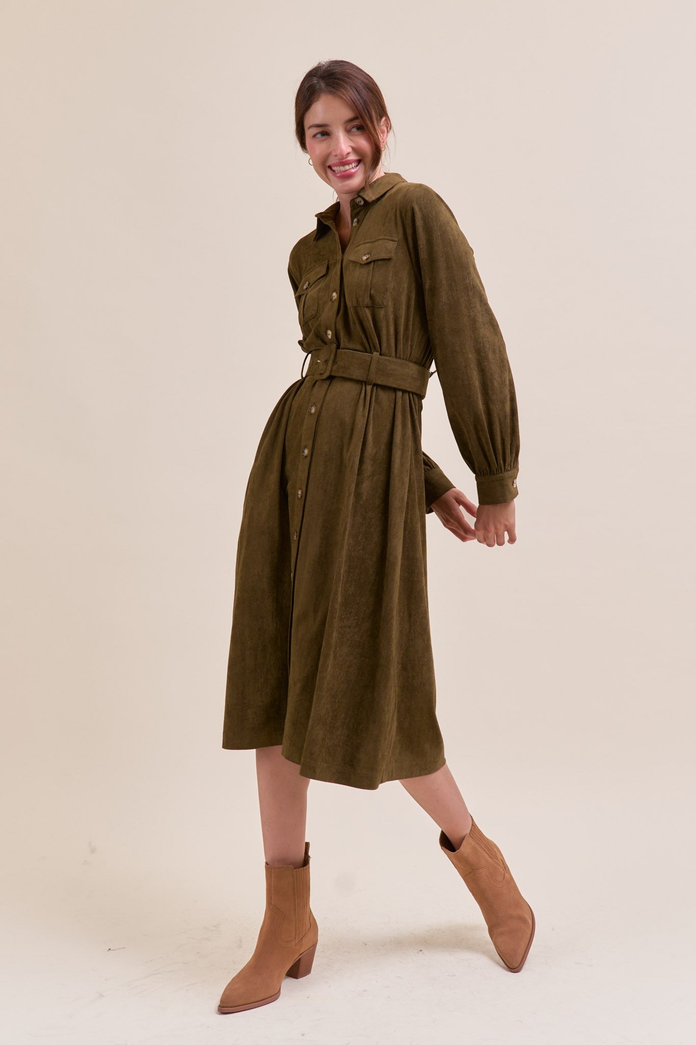 Olive Suede Belted Shirt Dress