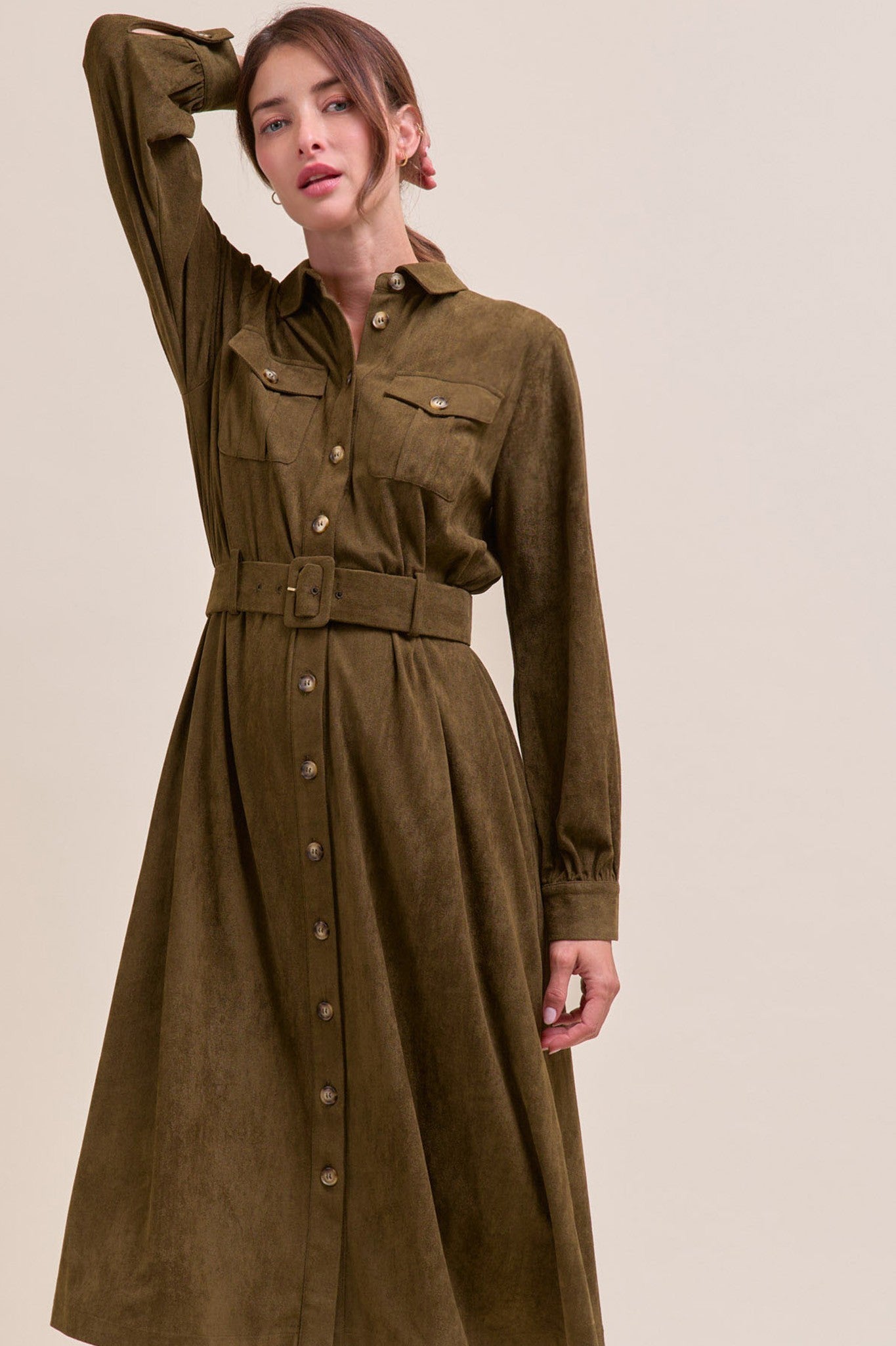 Olive Suede Belted Shirt Dress