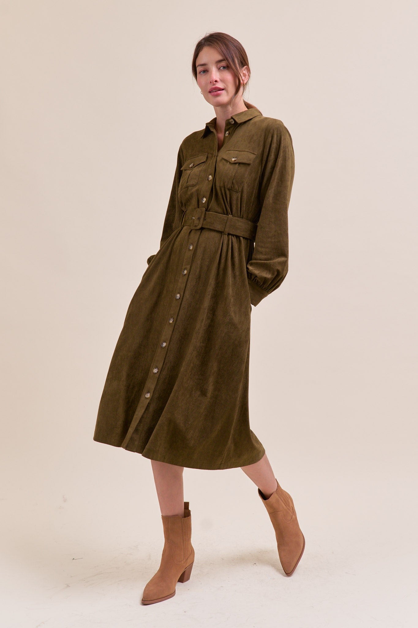 Olive Suede Belted Shirt Dress