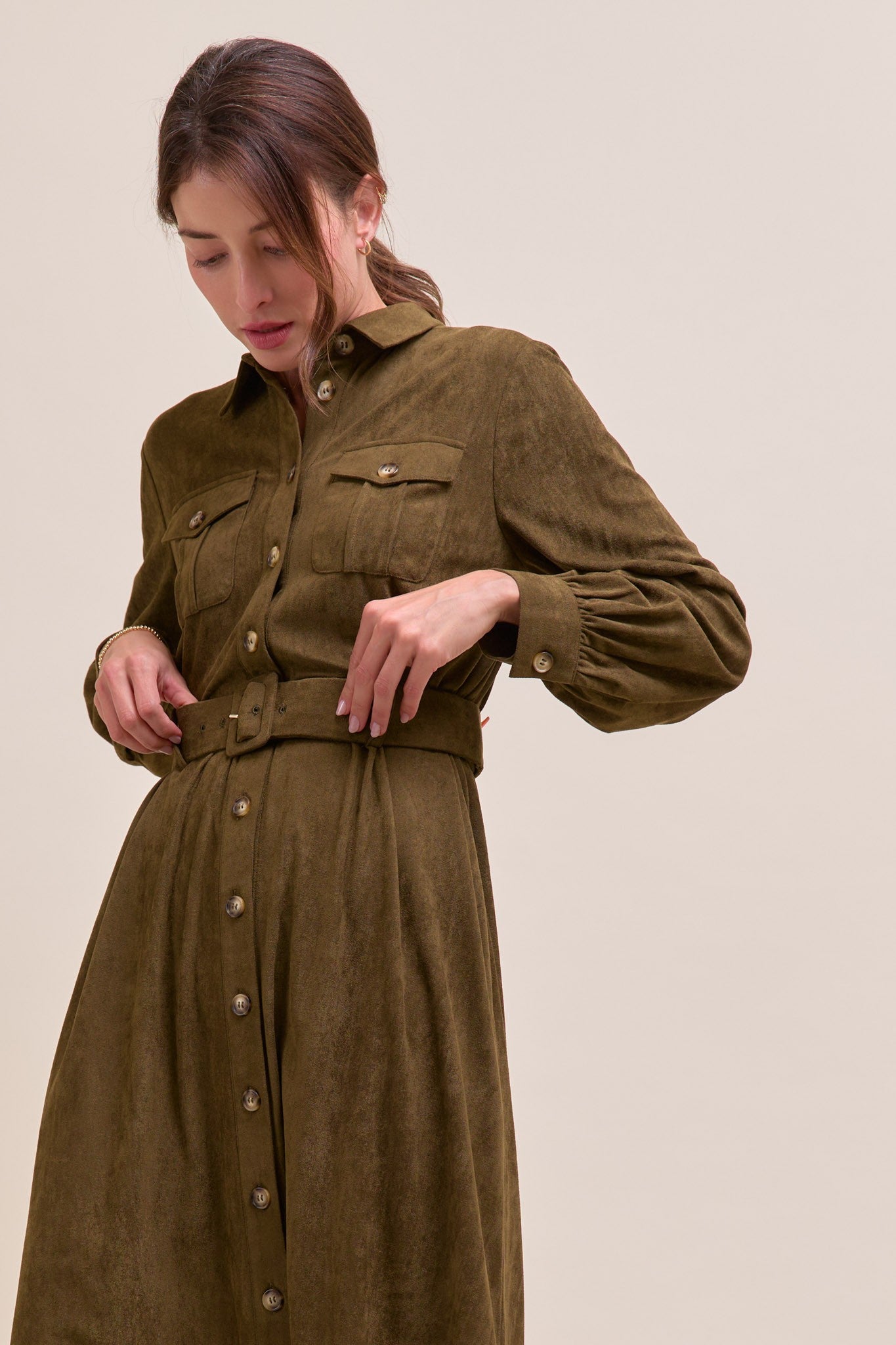 Olive Suede Belted Shirt Dress