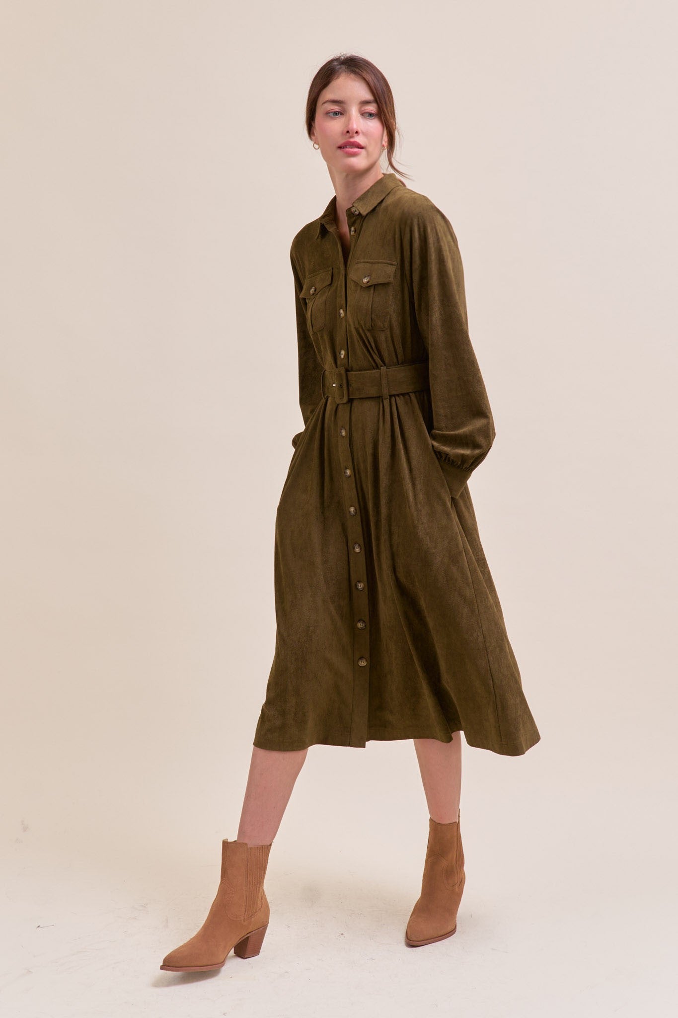 Olive Suede Belted Shirt Dress