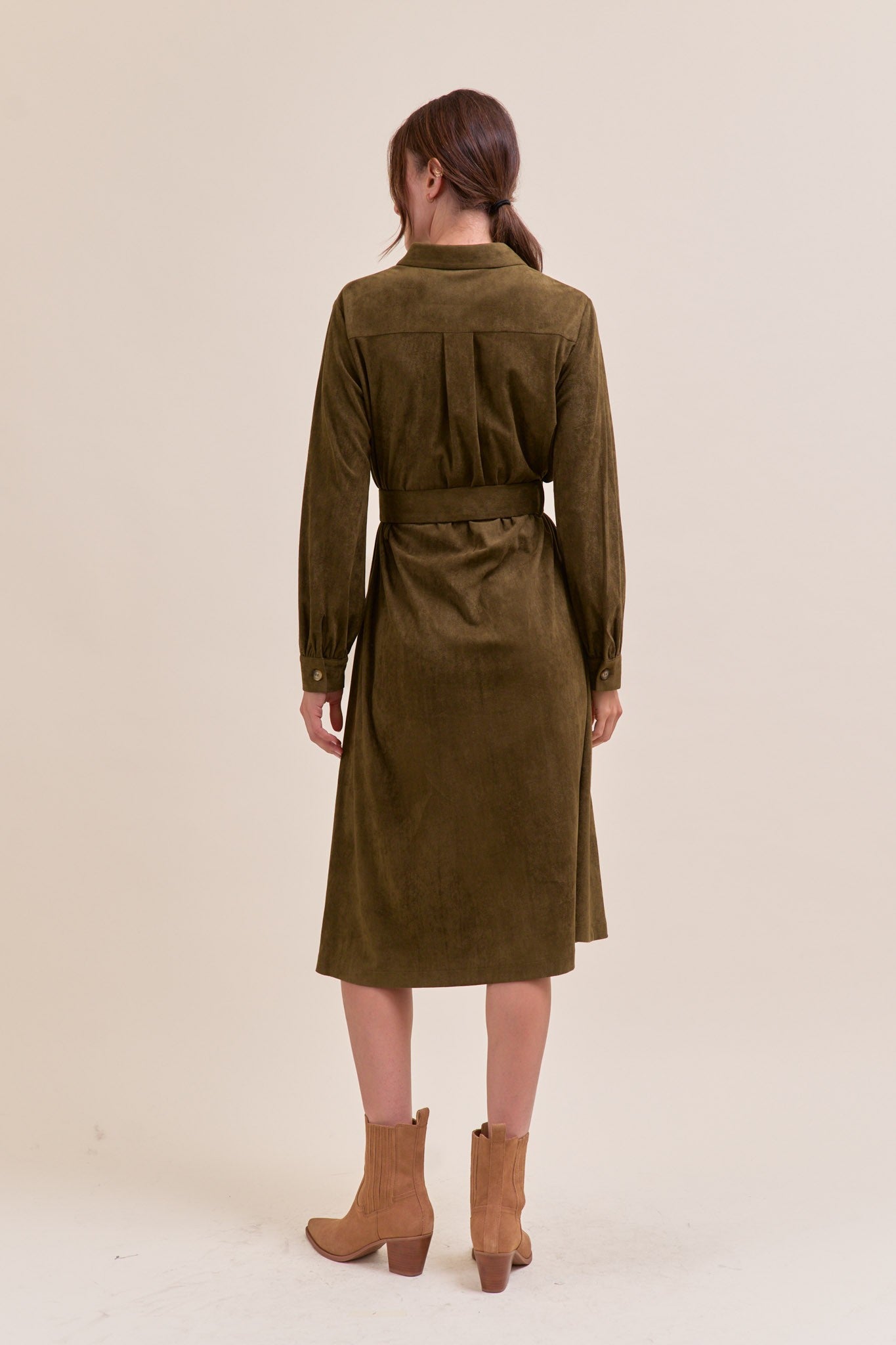 Olive Suede Belted Shirt Dress