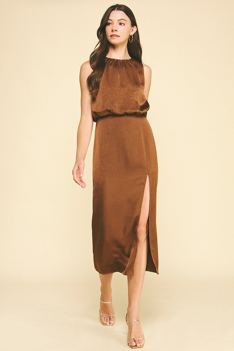 Silky Side Slit Midi Dress - Brown