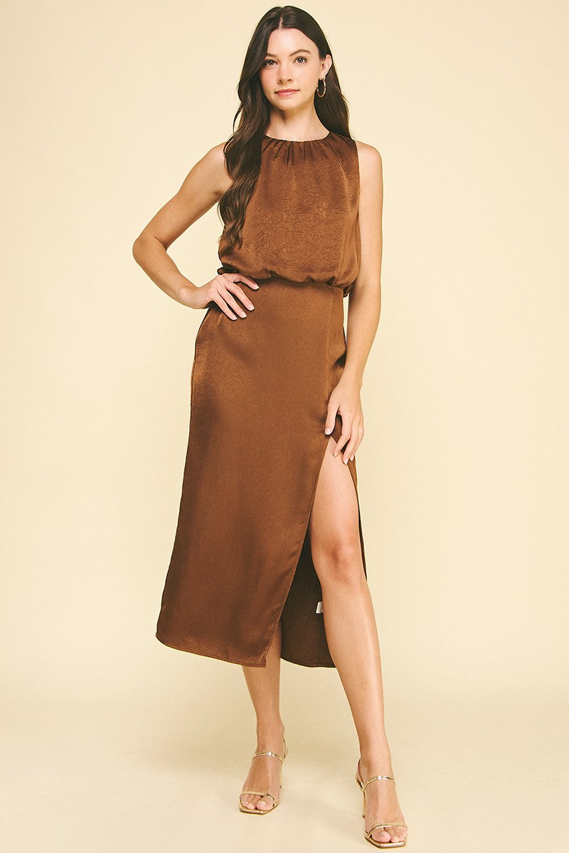 Silky Side Slit Midi Dress - Brown