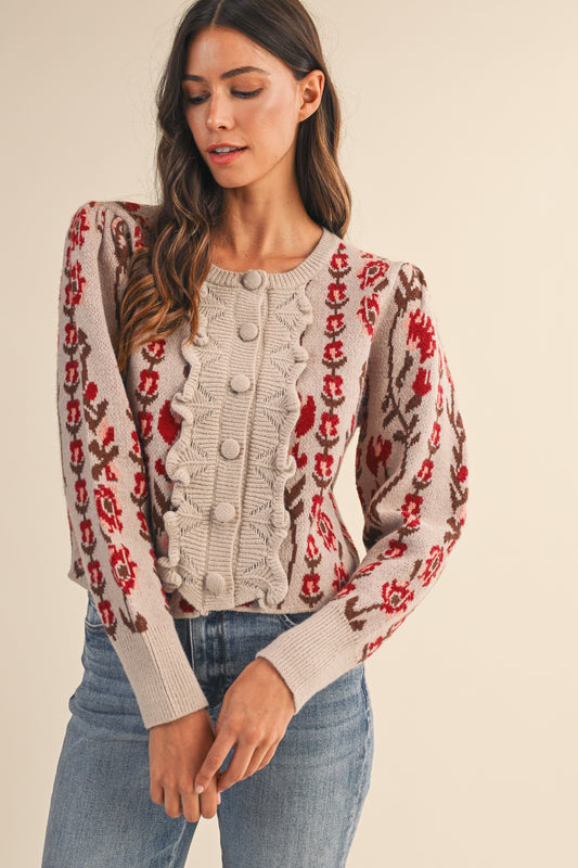 Vertical Puff Sleeve Knit Cardigan